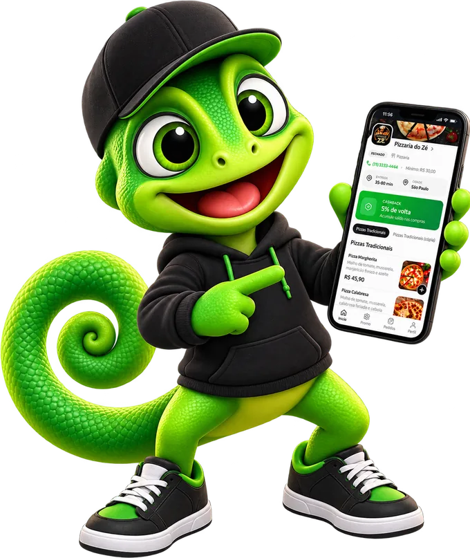 Mascote do Teu Rango mostrando o cardápio digital de uma pizzaria na tela do celular